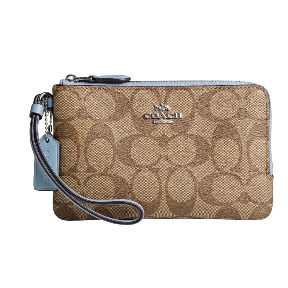 Coach Double Zip Wristlet Monogram Wallet Signature Canvas in Brown Light Blue